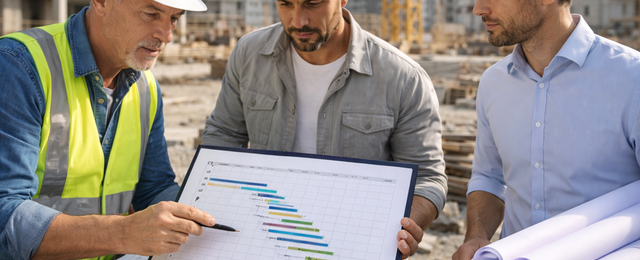 Projektleiter und Bauleiter mit Architekt auf der Baustelle bei der Terminplanbesprechung.