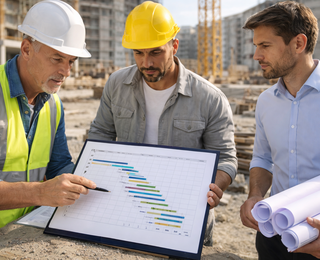 Projektleiter und Bauleiter mit Architekt auf der Baustelle bei der Terminplanbesprechung.