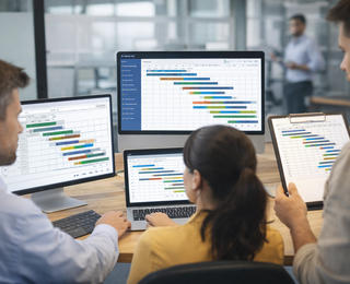 Architektin mit Projektleiter und Bauleiter bei der Terminplanbesprechung.