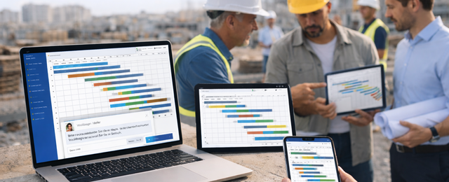 Notebook im Vordergrund. In der Bildmitte Polier Bauleiter und Architekt mit Plänen in der Hand am besprechen vom aktuellen Bauprogramm.