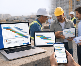 Notebook im Vordergrund. In der Bildmitte Polier Bauleiter und Architekt mit Plänen in der Hand am besprechen vom aktuellen Bauprogramm.
