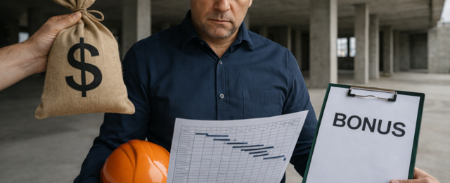 Bauleiter auf einer Baustelle analysiert einen Bauzeitenplan während ein Bonus für termingerechte Fertigstellung angeboten wird, Symbolbild für Terminplanung, Bauprojektmanagement und wirtschaftliche Anreize im Bauwesen.