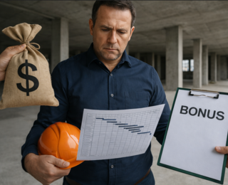 Bauleiter auf einer Baustelle analysiert einen Bauzeitenplan während ein Bonus für termingerechte Fertigstellung angeboten wird, Symbolbild für Terminplanung, Bauprojektmanagement und wirtschaftliche Anreize im Bauwesen.