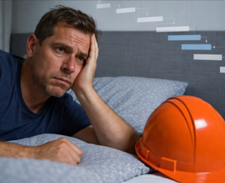 Bauleiter liegt nachts wach im Bett und sorgt sich über den Bauzeitenplan eines Bauprojekts, neben ihm liegt ein orangefarbener Bauhelm, im Hintergrund ist schematisch ein Terminplan mit Gantt-Balken zu sehen.