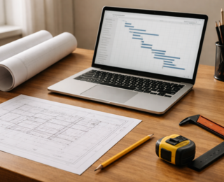 Laptop mit digitalem Bauzeitenplan (Gantt-Diagramm) auf dem Schreibtisch eines Bauleiters, daneben Bauplan, Massband und Winkel – moderne Terminplanung für Bauprojekte mit Bauzeitenplan Software.