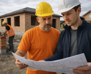 Bauleiter und Polier prüfen Baupläne auf einer Baustelle vor einem Rohbau eines Einfamilienhauses und koordinieren die Bauplanung sowie den Bauablauf auf der Baustelle.