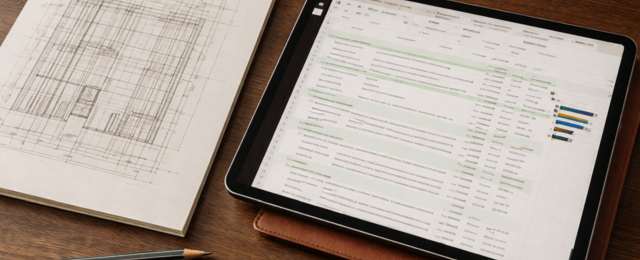 Bauleiter plant einen Bauzeitenplan auf einem Tablet neben einem Architekturplan auf dem Schreibtisch, digitale Terminplanung für Bauprojekte und Baustellenkoordination.