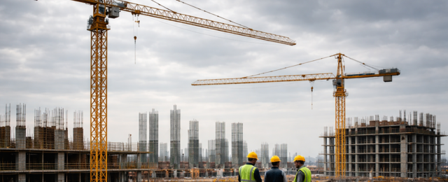 Grosse Baustelle mit zwei Baukränen, mehreren Bauarbeitern und Rohbau eines Mehrfamilienhauses unter bedecktem Himmel, typische Szene einer Bauleitung und Bauzeitenplanung auf einer Hochbaubaustelle.