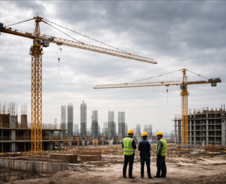 Grosse Baustelle mit zwei Baukränen, mehreren Bauarbeitern und Rohbau eines Mehrfamilienhauses unter bedecktem Himmel, typische Szene einer Bauleitung und Bauzeitenplanung auf einer Hochbaubaustelle.