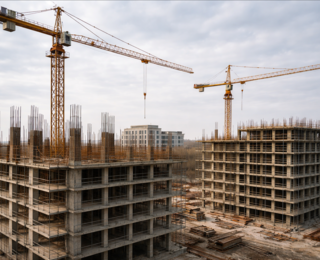 Rohbau von zwei Mehrfamilienhäusern auf einer Baustelle mit Turmkränen und Betontragstruktur im Hochbau