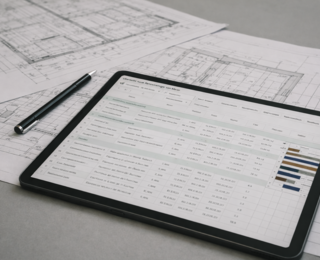 Bauzeitenplan Software auf einem Tablet liegt auf Architekturplänen auf dem Schreibtisch, digitale Terminplanung für Bauprojekte in Architektur und Bauleitung.
