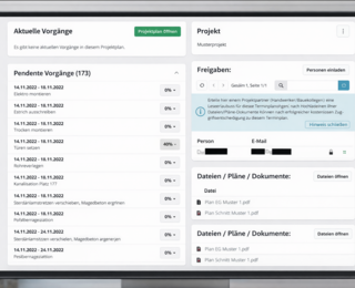 Digitale Bauzeitenplan Software zeigt Projektübersicht mit Vorgängen, Terminplanung und Dokumentenverwaltung für Bauprojekte – bauzeitenplan.de Terminplan Tool für Bauleiter