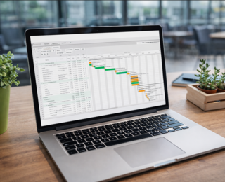 Bauzeitenplan Software mit Gantt Diagramm für Projektplanung auf dem Laptop – digitale Bauablaufplanung für Bauleiter und Architekten mit bauzeitenplan.de