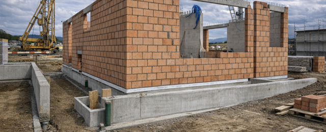 Rohbau eines Einfamilienhauses auf einer Baustelle mit Ziegelmauerwerk und Kran. Darstellung einer Bauphase im Bauablauf, ideal zur Planung mit Bauzeitenplan Software von bauzeitenplan.de