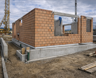 Rohbau eines Einfamilienhauses auf einer Baustelle mit Ziegelmauerwerk und Kran. Darstellung einer Bauphase im Bauablauf, ideal zur Planung mit Bauzeitenplan Software von bauzeitenplan.de