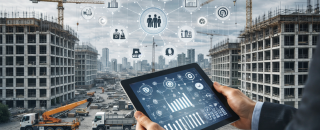 Digitaler Bauzeitenplan auf Tablet zur Steuerung einer Baustelle mit Bauleitern, Kränen und Rohbau – modernes Bauprojektmanagement mit Bauzeitenplan Software