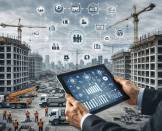 Digitaler Bauzeitenplan auf Tablet zur Steuerung einer Baustelle mit Bauleitern, Kränen und Rohbau – modernes Bauprojektmanagement mit Bauzeitenplan Software