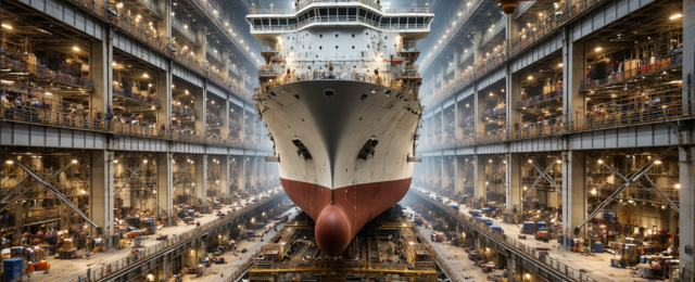 Grosses Kreuzfahrtschiff im Bau in einer modernen Werfthalle mit vielen Arbeitsebenen, Kränen und Bauarbeitern, komplexes Industrieprojekt im Schiffbau mit präziser Bauplanung und Bauzeitenplan-Management.