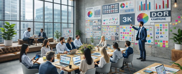 Teammeeting zur Projektplanung mit Diagrammen und Zeitplan-Analyse in modernem Büro – effiziente Bauzeitenplan Projektsteuerung und Terminplanung im Bauprojekt