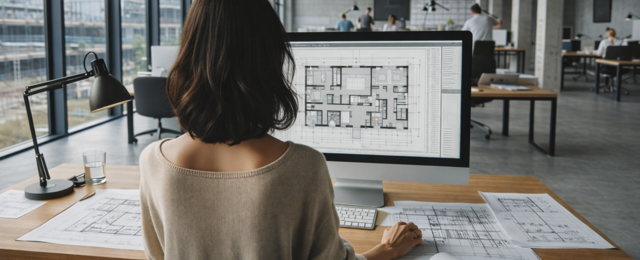 Architektin erstellt einen digitalen Bauzeitenplan für ein Bauprojekt am Computer im modernen Architekturbüro, Planung und Terminsteuerung mit Bauzeitenplan Software