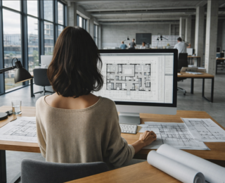 Architektin erstellt einen digitalen Bauzeitenplan für ein Bauprojekt am Computer im modernen Architekturbüro, Planung und Terminsteuerung mit Bauzeitenplan Software