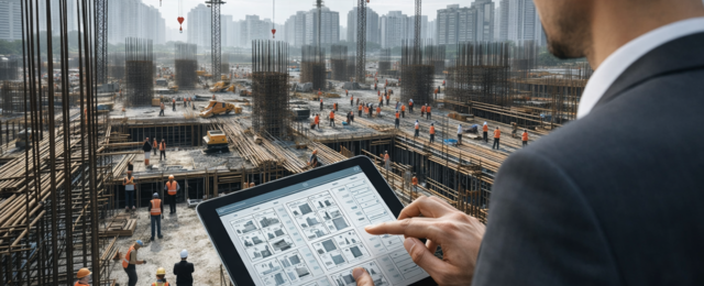 Bauleiter steuert grosse Baustelle mit digitalem Bauzeitenplan auf Tablet, moderne Bauplanung und Terminplanung mit Bauzeitenplan Software