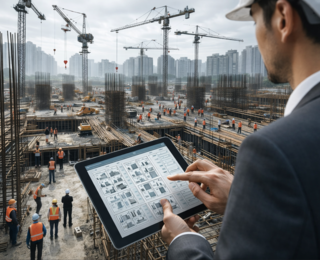 Bauleiter steuert grosse Baustelle mit digitalem Bauzeitenplan auf Tablet, moderne Bauplanung und Terminplanung mit Bauzeitenplan Software