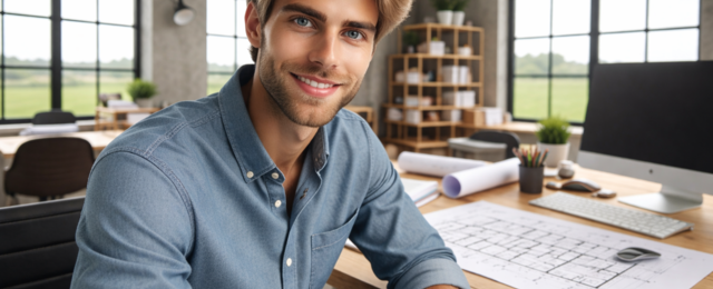 Bauleiter im modernen Architekturbüro erstellt einen digitalen Bauzeitenplan für ein Bauprojekt, Planung und Terminmanagement mit Bauzeitenplan Software.