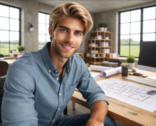 Bauleiter im modernen Architekturbüro erstellt einen digitalen Bauzeitenplan für ein Bauprojekt, Planung und Terminmanagement mit Bauzeitenplan Software.