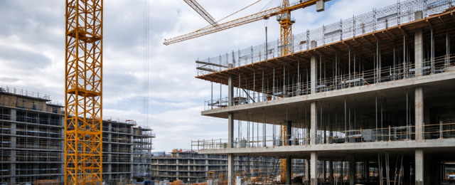 Baustelle mit Kränen und Rohbau eines Gebäudes, symbolisiert die digitale Bauablaufplanung mit Bauzeitenplan Software für effiziente Terminplanung im Bauprojekt.