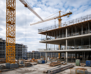 Baustelle mit Kränen und Rohbau eines Gebäudes, symbolisiert die digitale Bauablaufplanung mit Bauzeitenplan Software für effiziente Terminplanung im Bauprojekt.