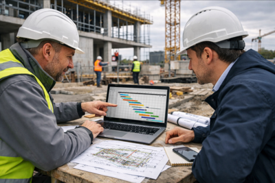 Bauleiter und Architekt analysieren digitalen Bauzeitenplan als Gantt Diagramm direkt auf der Baustelle, Terminplanung, Abhängigkeiten und Bauablauf strukturiert dargestellt für professionelle Bauprojektsteuerung.