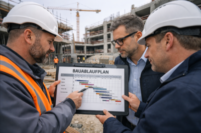 Bauleiter und Projektleiter prüfen Bauablaufplan mit Gantt Diagramm auf Baustelle, Koordination von Gewerken und Bauphasen für strukturierte Bauzeitenplanung
