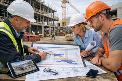 Terminprogramm für Bauprojekt mit Bauleiter und Architekt auf Baustelle, Gantt Diagramm zur Bauzeitenplanung, Koordination von Gewerken und Meilensteinen