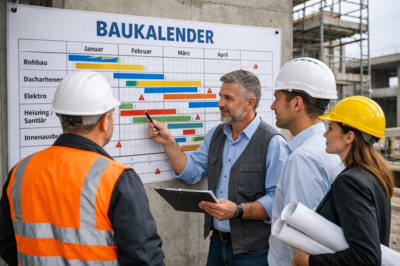 Baukalender für professionelle Bauzeitenplanung, Bauleiter und Projektleiter koordinieren Termine, Bauphasen und Fristen direkt auf der Baustelle, übersichtliche Terminplanung für strukturierten Bauablauf