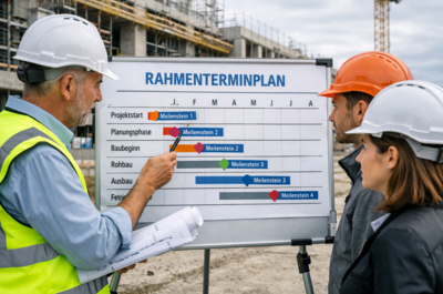 Rahmenterminplan für Bauprojekt mit Meilensteinen und Projektphasen, Bauleiter und Architekt besprechen Bauzeitenplan zur Terminplanung und Koordination der Bauabläufe