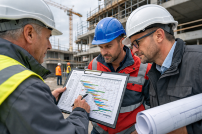 Detailterminplan für operative Projektsteuerung auf der Baustelle, Bauleiter und Projektleiter prüfen Bauzeitenplan mit Vorgängen, Abhängigkeiten und Zeitfenstern zur Koordination der Gewerke