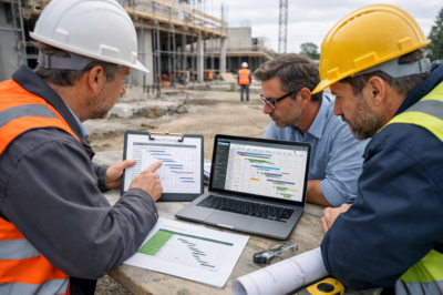 Projektleiter und Bauleiter vergleichen Excel Bauzeitenplan Vorlage mit spezialisierter Bauzeitenplan Software auf aktiver Baustelle, Terminplanung und Bauablaufplanung mit Gantt Diagramm für effiziente Projektkoordination