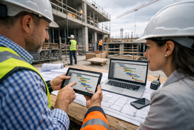 Bauzeitenplan Software für Bauprojekt, Projektleiter und Bauleiter koordinieren Terminplanung digital mit Gantt Diagramm direkt auf der Baustelle