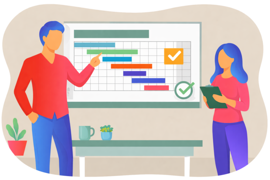 Projektleiter erklärt Bauzeitenplan mit Gantt Diagramm zur Terminplanung eines Bauprojekts, Koordination von Gewerken und Bauablaufplanung.Frau in Büro mit Computer