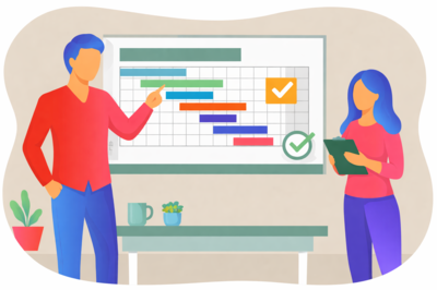 Projektleiter erklärt Bauzeitenplan mit Gantt Diagramm zur Terminplanung eines Bauprojekts, Koordination von Gewerken und Bauablaufplanung.Frau in Büro mit Computer