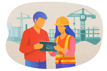 Bauleiter und Architektin koordinieren Bauzeitenplan digital per Tablet auf der Baustelle, Terminplanung und Bauablauf im Überblick.