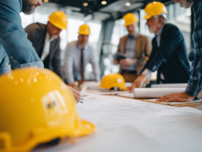 Architekt und Projektleiter besprechen Bauablaufplan auf der Baustelle, Koordination von Bauphasen und Terminprogramm