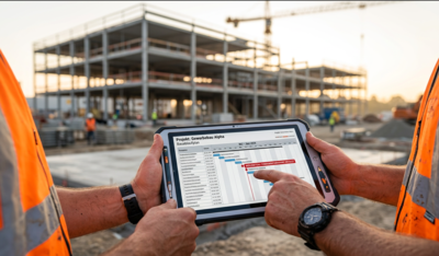 Zwei Bauleiter koordinieren den Bauablauf und den Bauzeitenplan auf einem Tablet vor dem Rohbau, passend für Projektleitung und Baustellenkommunikation.