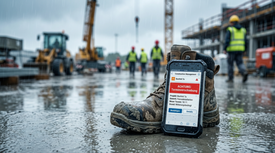 austellen-Smartphone mit Terminänderung in einer Bau-App auf nassem Beton neben Arbeitsschuh, Sinnbild für Anpassungen im Bauzeitenplan und laufende Projektsteuerung.