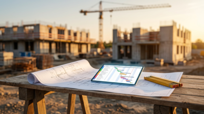 Tablet mit digitalem Bauzeitenplan auf einem Bauplan vor Rohbau und Baukran, Symbol für Terminplanung und Bauablauf auf der Baustelle.
