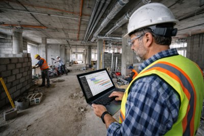 Bauleiter stimmt auf der Baustelle die Terminkette im Bauzeitenplan auf einem Tablet mit den laufenden Bauarbeiten ab, um das Bauprojekt transparent und verständlich zu steuern.